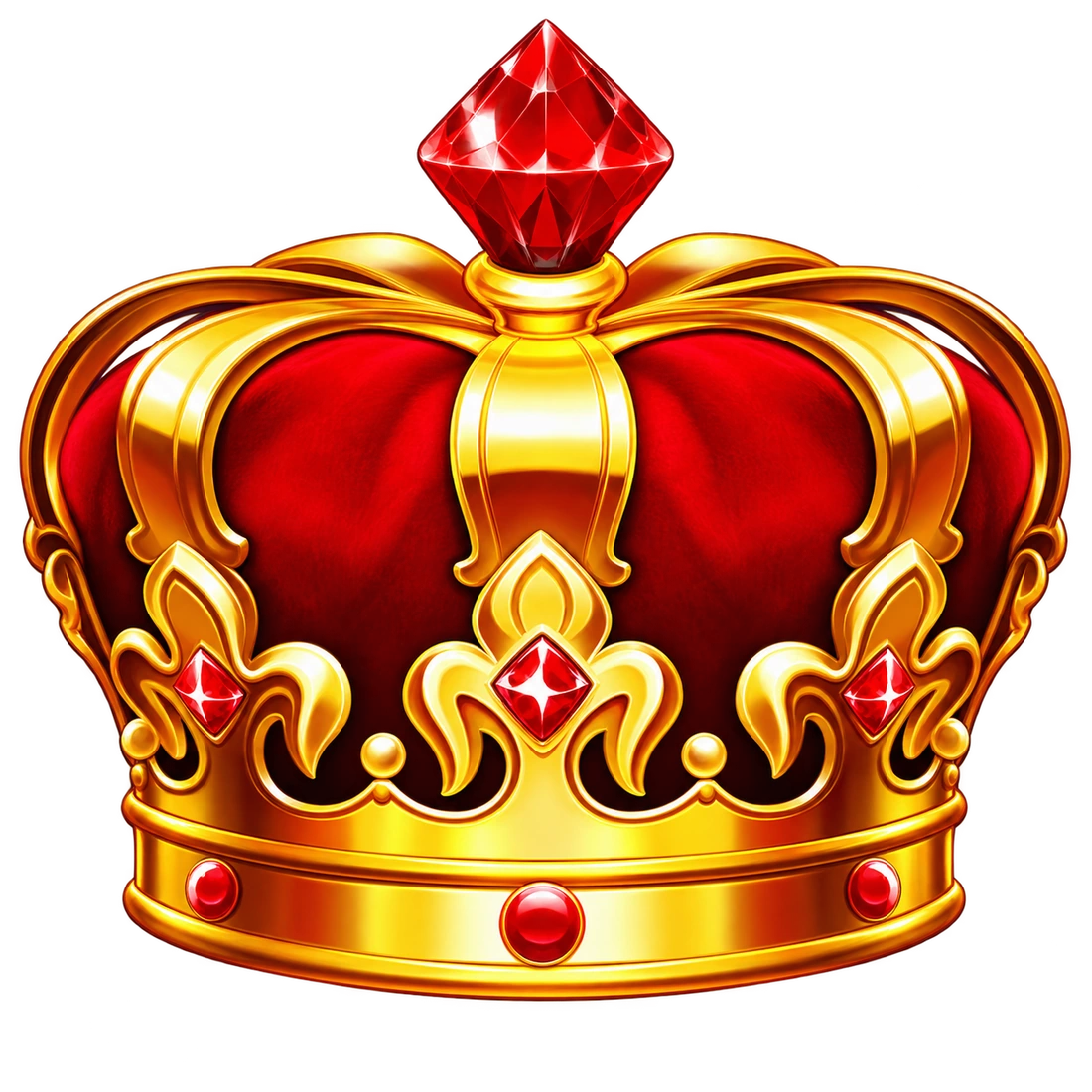 Red velvet royal crown with golden arches and ruby jewels